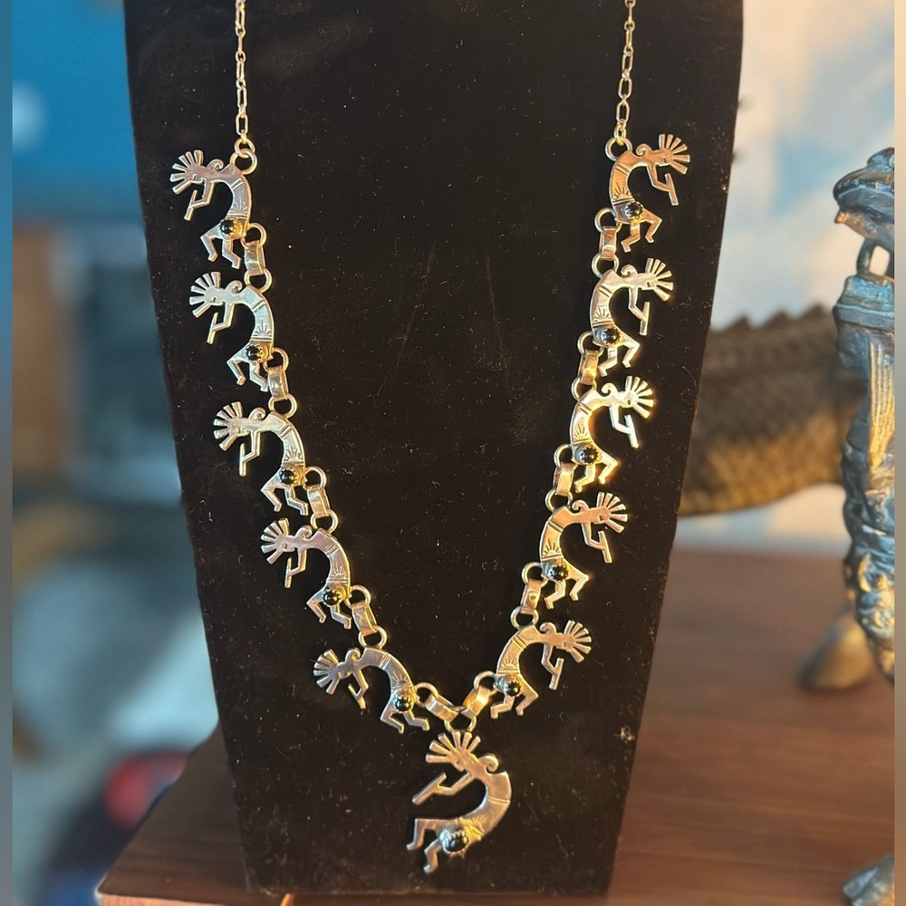 Sterling NAVAJO DANCING KOKOPELLI STERLING SILVER Onyx Necklace & Earrings